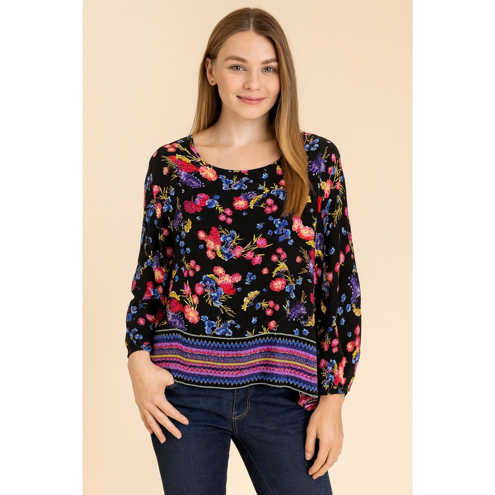 East 5th Floral Print Top Womens L Black Pink Blue Yellow Bohemian Blouse